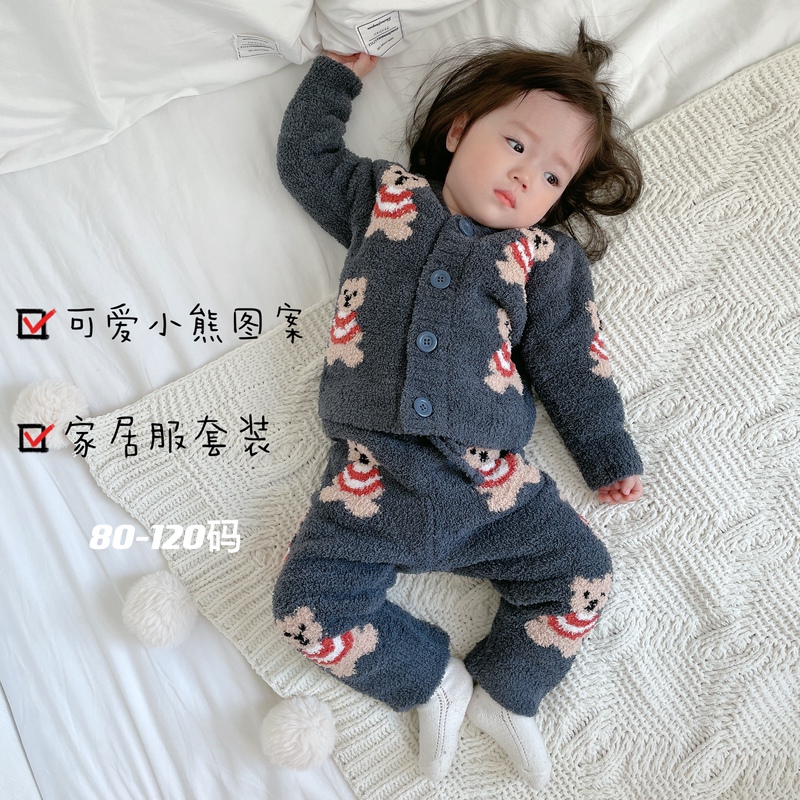Good Night Kk, Cute Red Teddy Bear Soft Loungewear, Outerwear Cardigan Zipper Set