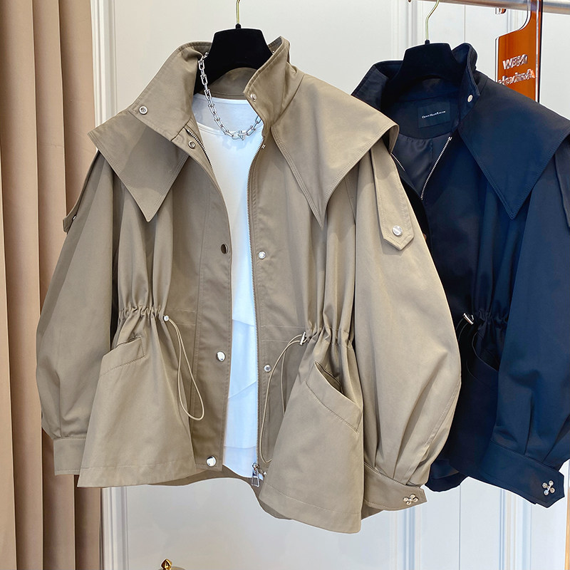 South Korea Dongdaemun Design sense Little crowdsourced loose Casual Draw Rope Collection Waist Tooling Windcoat Jacket Woman Short 2022 Spring