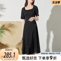 Sofitel Black Dress Shirt Woman 2021 Summer New short sleeves Square Collar Temperament Tea Hysteria Small Black Dress