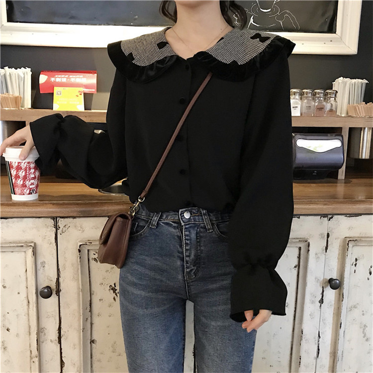 VK旗艦店 韓系寬鬆百搭撞色波點襯衫長袖上衣