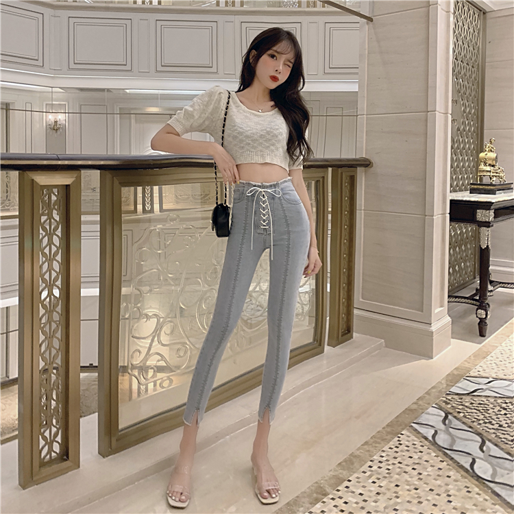 VK旗艦店 韓系高腰綁帶開叉修身牛仔九分褲單品長褲