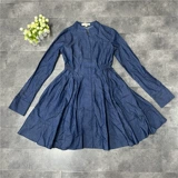 Приложение его подлинность подлинной WHOW748C33 Spring и осень Retro V -NECK Collection Taist Lady Denim Dress