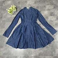 Приложение его подлинность подлинной WHOW748C33 Spring и осень Retro V -NECK Collection Taist Lady Denim Dress