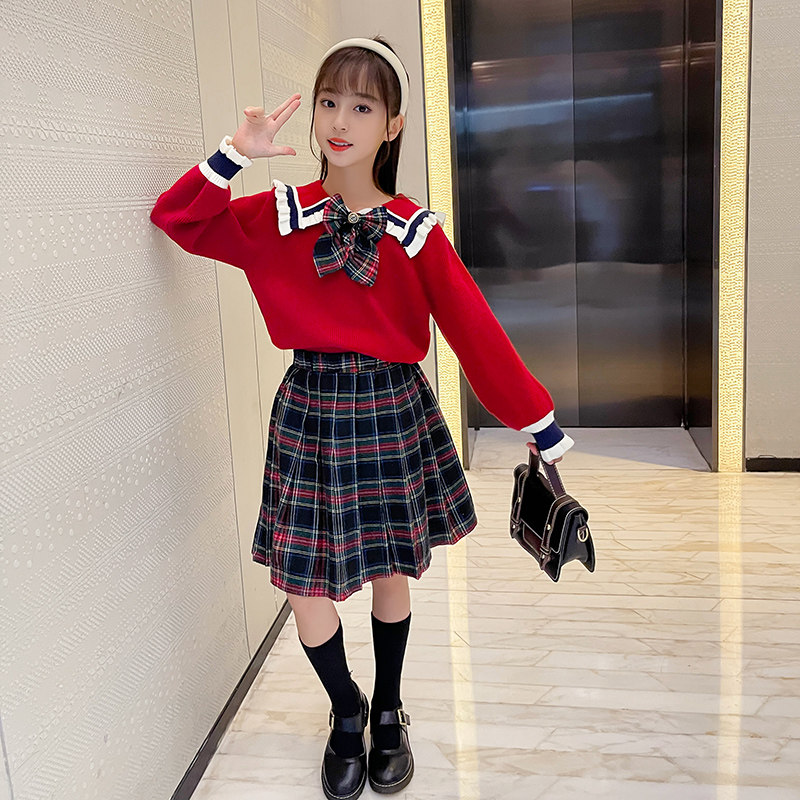 Korean version autumn and winter long-sleeved children's sweater baby spring and autumn knitted sweater 10-year-old children's clothing lace collar college suit