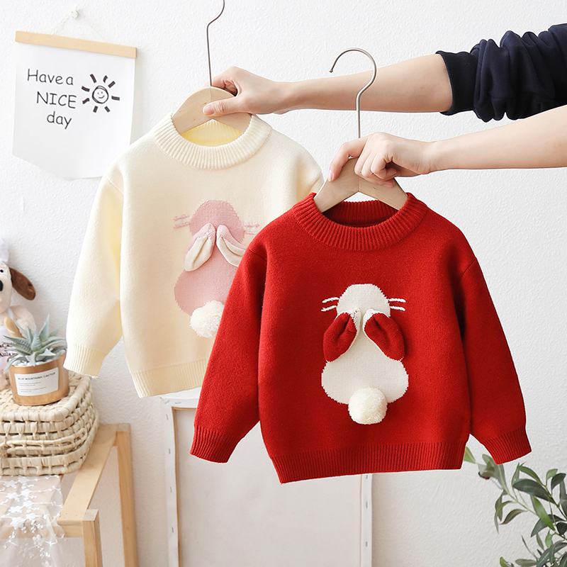 Girls' Autumn and Winter Sweater with Rabbit Design, Stylish Toddler Winter Clothing, Fleece-Lined Children's 2025 New Model, Baby Knit Inner Layer, Thick