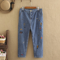 Jeans female size fat mm autumn wear new embroidery embroidery plus fat leggings 300 Jin ankle-length pants tide