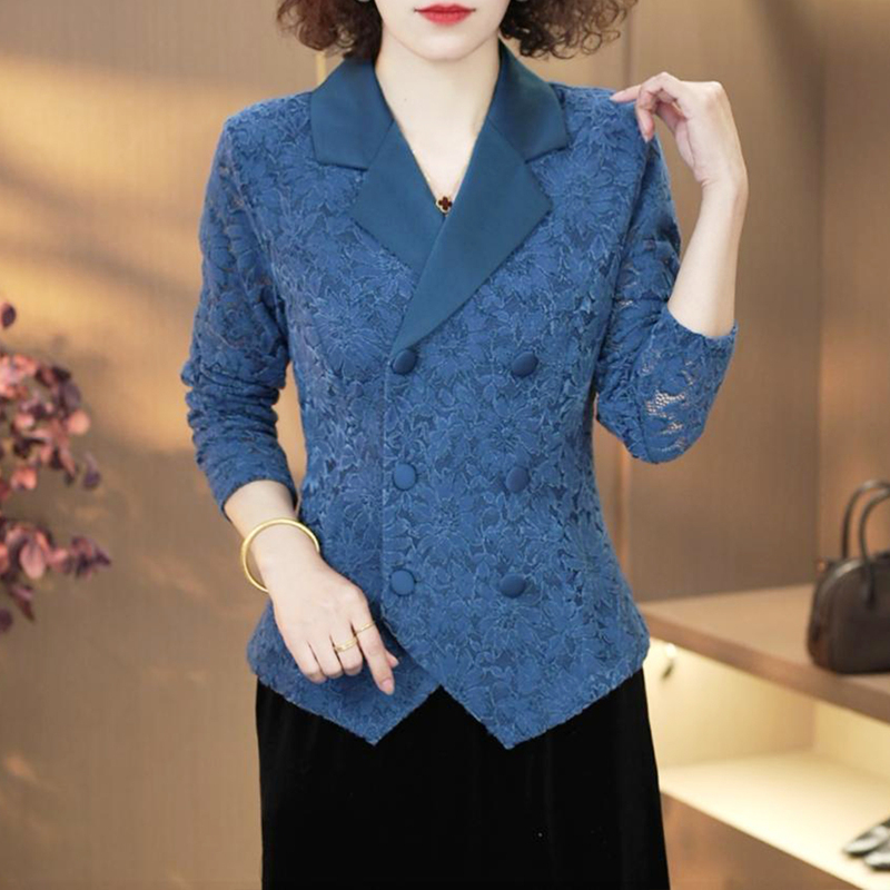 Elegant Suit Collar Jacquard Double-Breasted Cardigan 2026 Spring New Style Z Fashionable Slimming Middle-Aged Mom's Shirt Elegant Suit Collar Jacquard Double-Breasted Cardigan 2026 Spring New Style Z Fashionable Slimming Middle-Aged Mom's Shirt