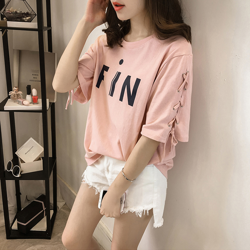 Loose letter short sleeve T-shirt with bandage top