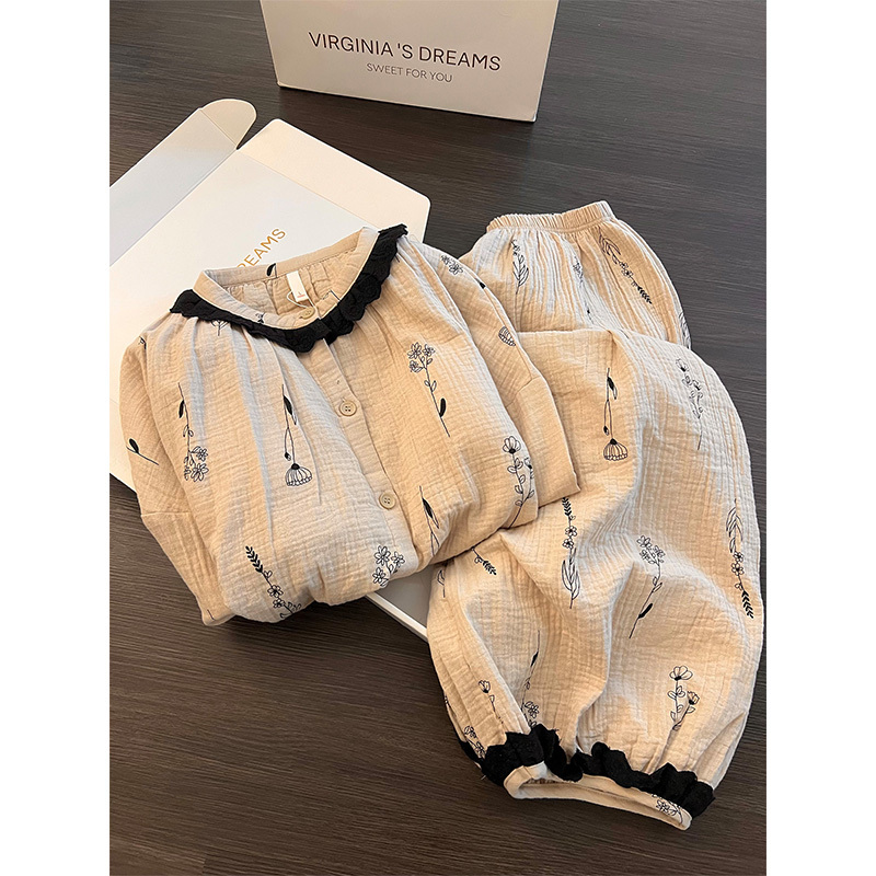 Flower Print Girl's Lace Trim Double-Layer Cotton Gauze Pajamas Women's Spring and Autumn New Style Home Wear Large Size Two-Piece Set