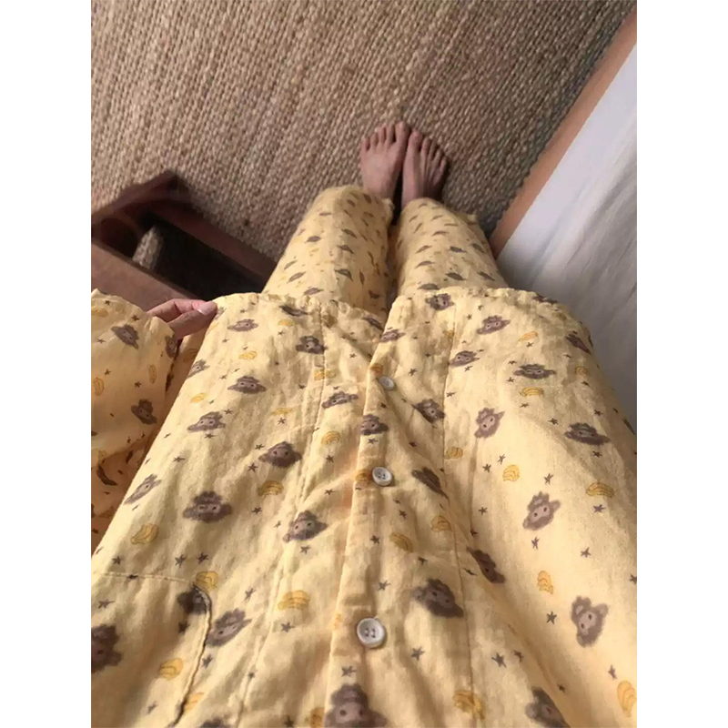 Korean Style Cute Monkey Print Pajamas for Women, Autumn Long-Sleeved Long Pants Dopamine Loungewear Casual Set That Can Be Worn Outside