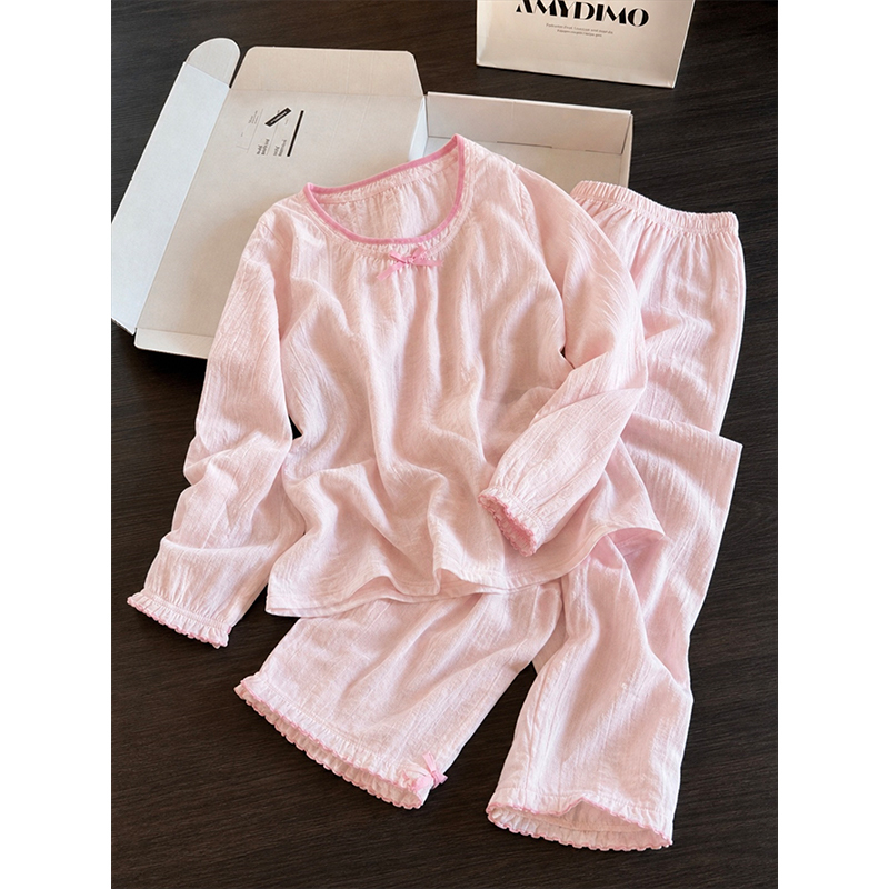 Purely Sweet and Cute Pink Long-Sleeved Pajamas for Girls, Summer Comfortable Long Pants, Super Soft Home Wear Set That Can Be Worn Outside