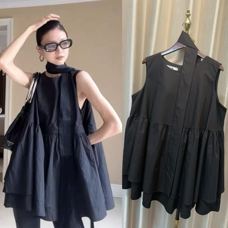 Unique and Exquisite A-Line Top for Women, 2025 New Summer Style, High-End Black Sleeveless Babydoll Shirt T-Shirt