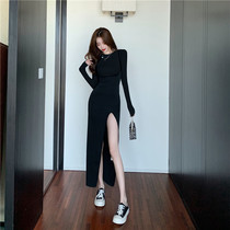 Net Red early spring autumn winter hat slim knit top cross backless split long suspender two-piece skirt