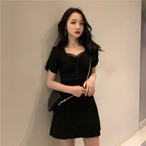 Small black dress women thin 2020 summer new retro port taste Hepburn bubble sleeve lace collar waist age-reducing dress