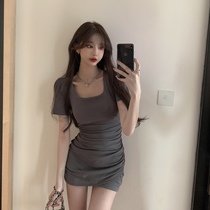 Pleated sexy babes wind cloth fabric square collar hip skirt women 2021 summer Korean short sleeve small black dress tight