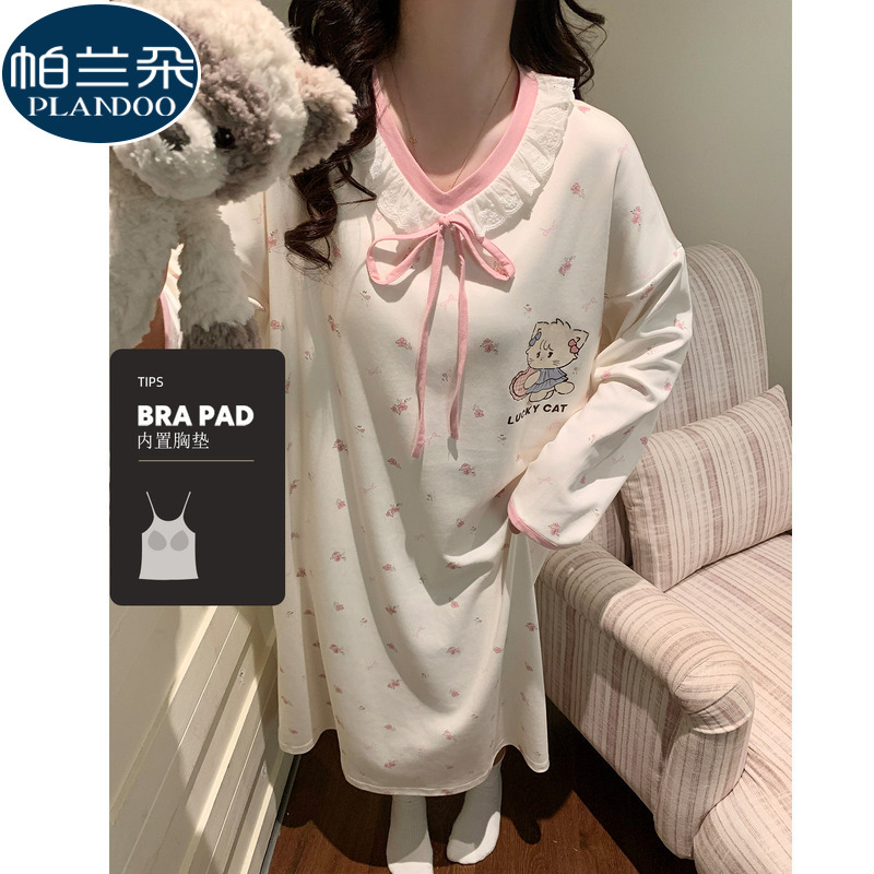 Long-Sleeved Nightgown with Breast Pads for Women, Spring and Autumn, Large Size, Cute Ruffled Princess-Style Pajama Dress That Can Be Worn Outside