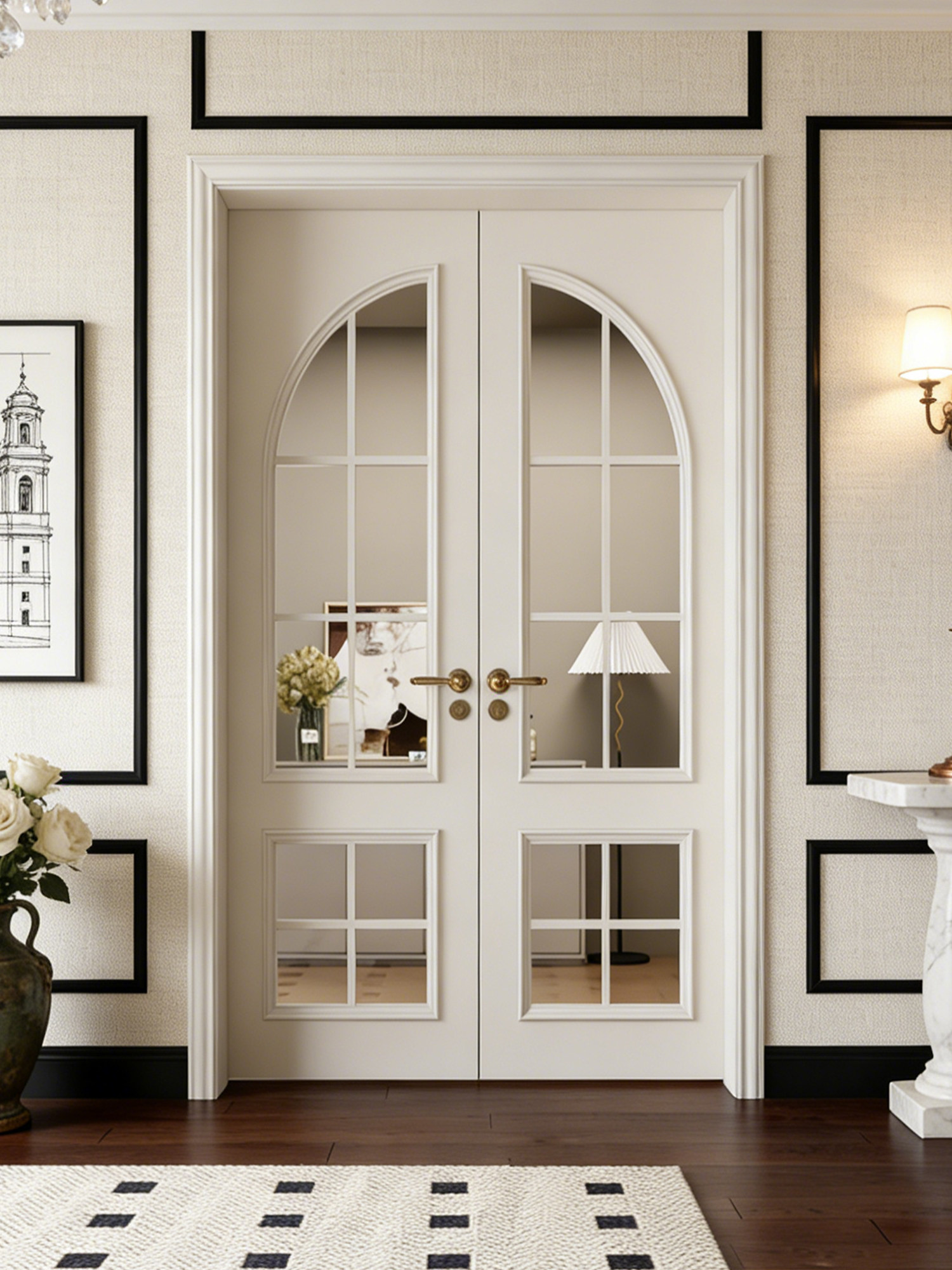 Wooden Solid Wood Lacquered White Doors for Study, Bedroom, Room, Double Swing Doors, Light French Vintage Style Entryway