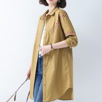 Long-style shirt dress 2022 Summer spring autumn new embroidery long sleeve shirt slim fit outside wearing bottom cardiovert jacket woman