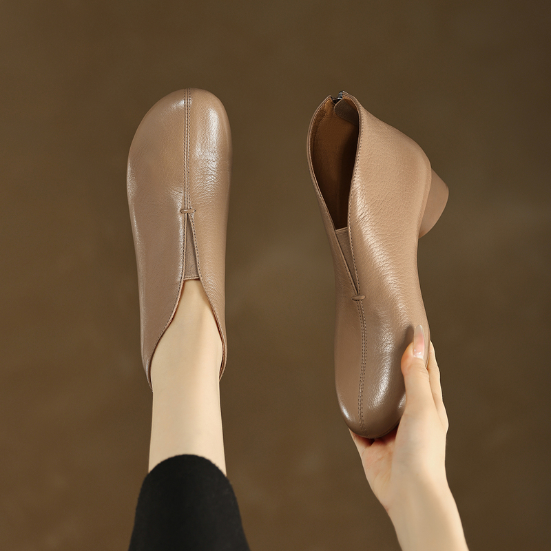 Early Autumn French Ankle Boots, Spring and Autumn Single Boots, Sheepskin, Comfortable Low-Heeled Round-Toe Genuine Leather Women's Soft-Soled Short Boots