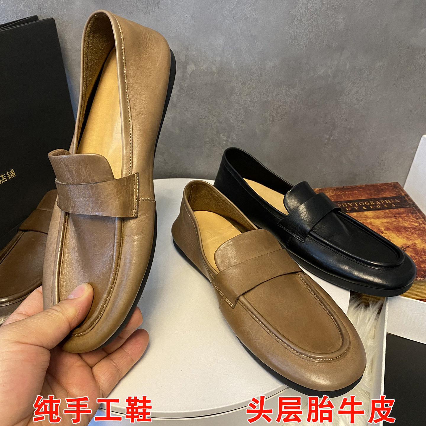 Summer handmade calf leather flat loafers for women