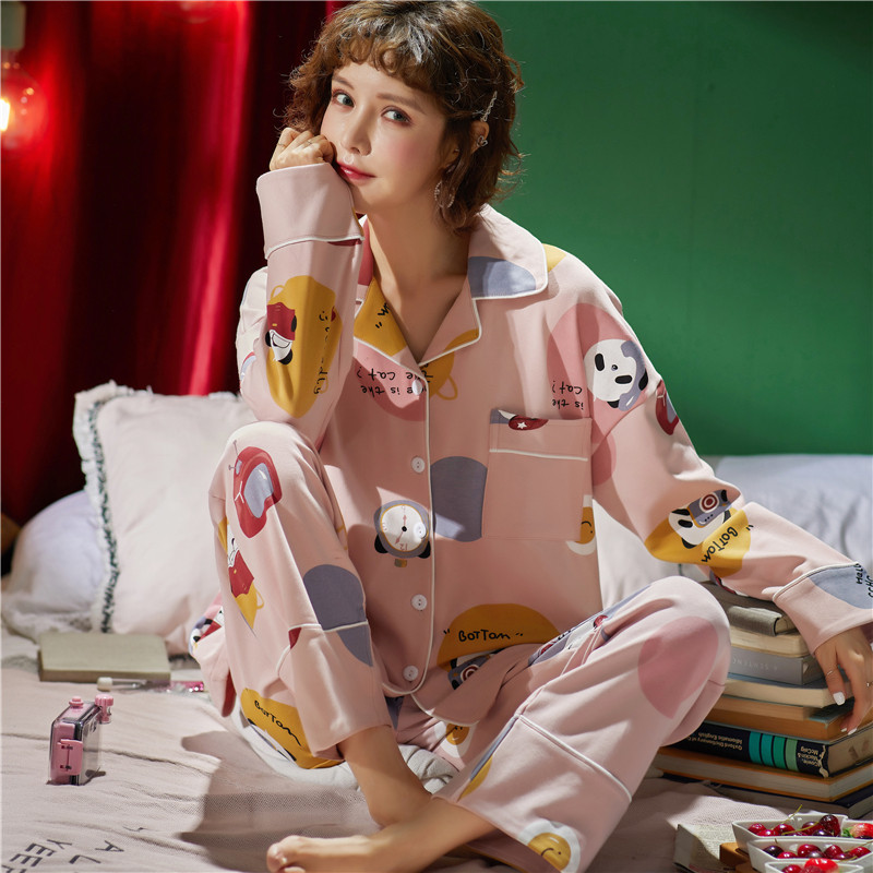 Sleepwear Lady Spring Autumn Pure Cotton Long Sleeves Two Sets Students Full Cotton Fall Autumn Winter Net Red LOVELY HOME SUIT SUIT