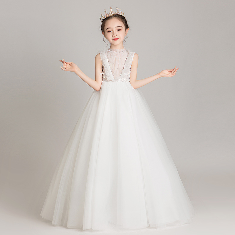 Piano performance dress girls summer children's wedding dress long skirt trailing white western style little girl princess catwalk show