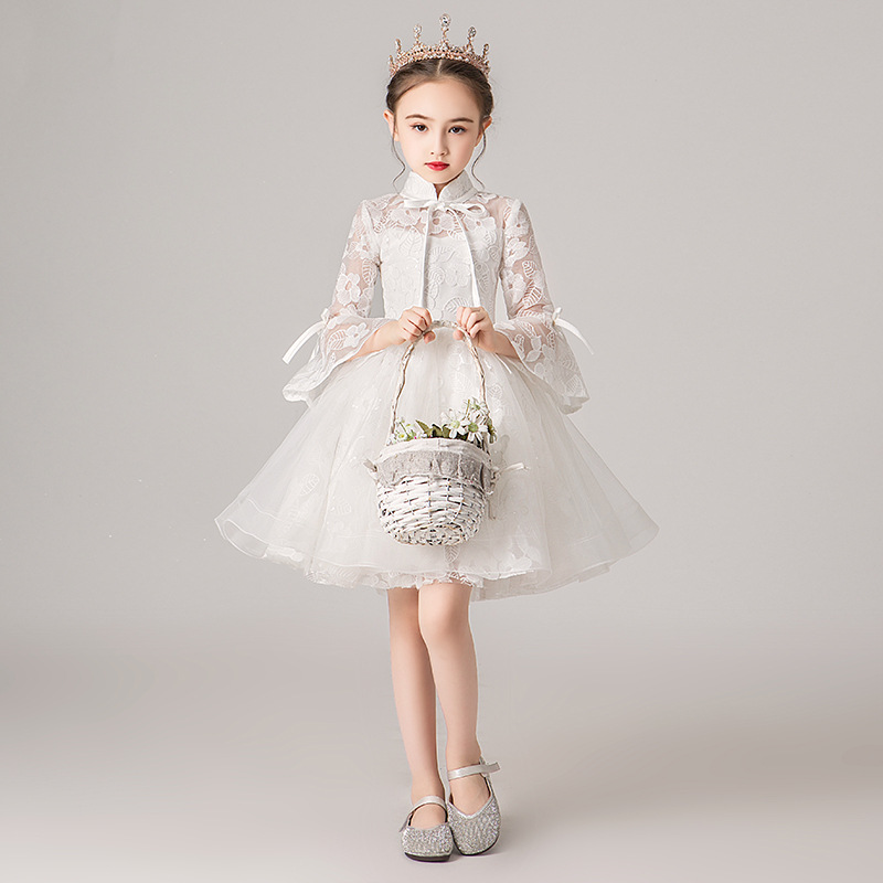 Flower girl princess dress spring long-sleeved children's high-end dress white wedding dress girl piano catwalk playing performance trailing tail
