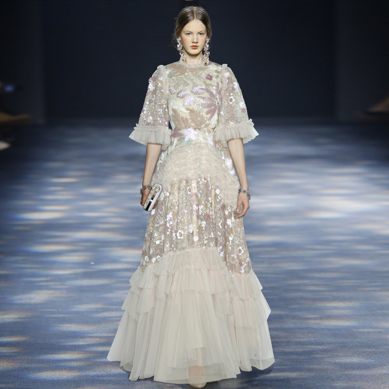Round Neck, Bell Sleeves, Heavy Sequin Embroidery, Puffy Tulle, Large Hem, Formal Dress, Long Dress, 2026 Summer New Collection