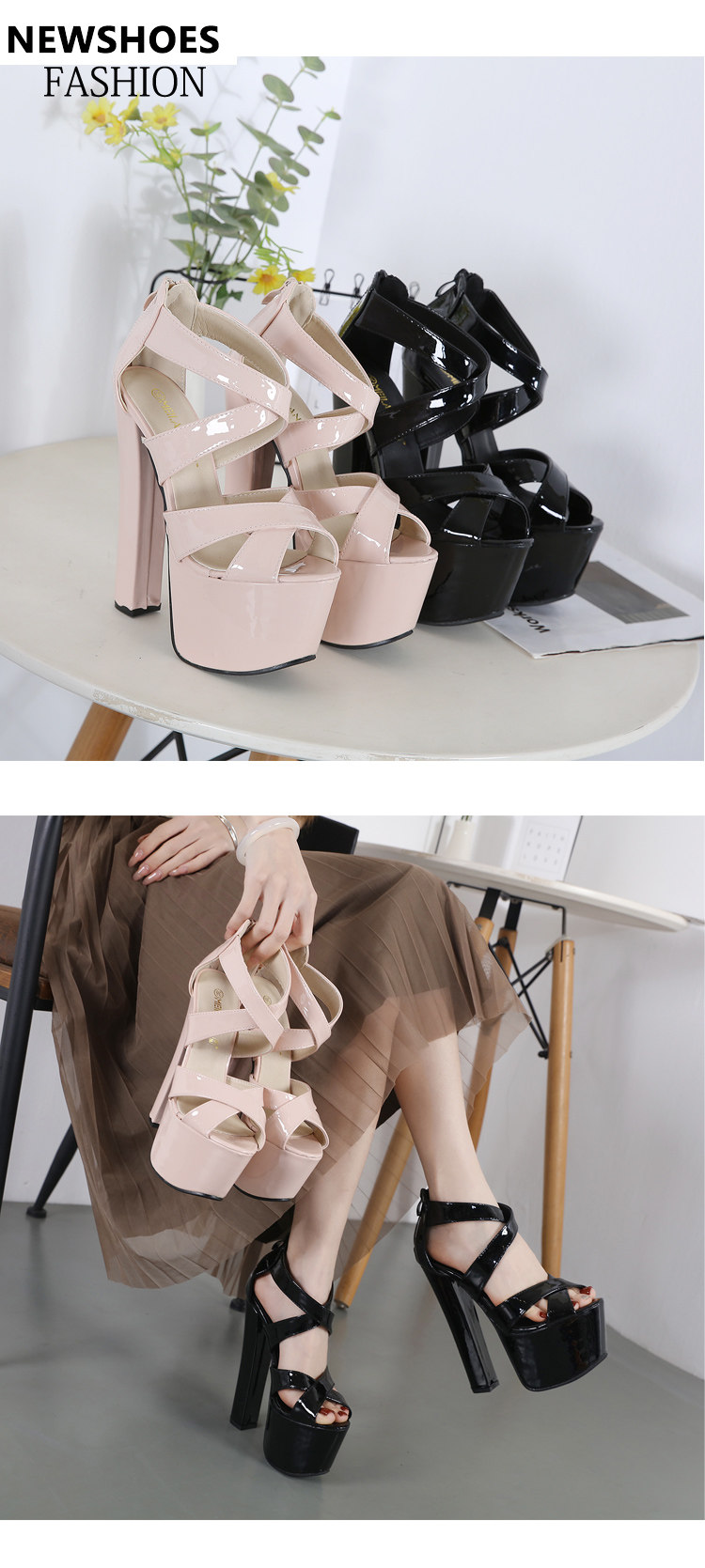 16cm super salto alto plataforma sandálias femininas moda preto grosso  cunhas sandálias femininas sexy peep toe sapatos roma - AliExpress, image size:750x1669