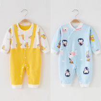 Newborn baby spring and autumn long sleeve jumpsuit cotton boys and girls baby straps pajamas oblique buckle climbing suit