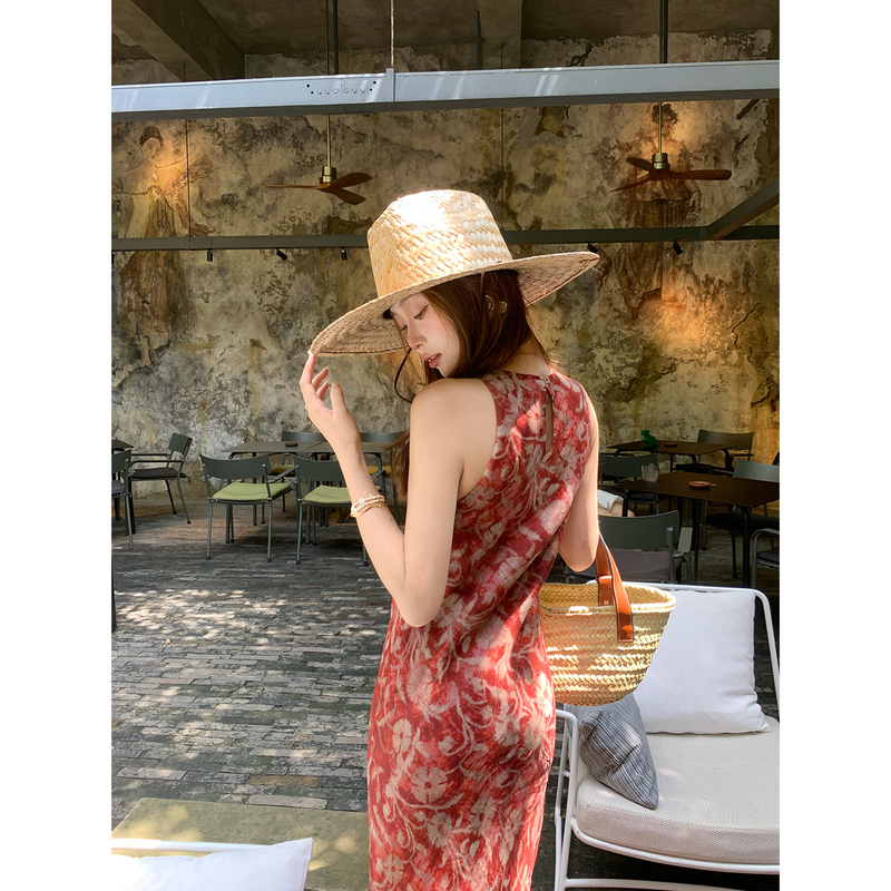 [Island Rose] Rare Zz 100% Ramie Summer French Light Luxury Vintage Red Printed Halter Dress