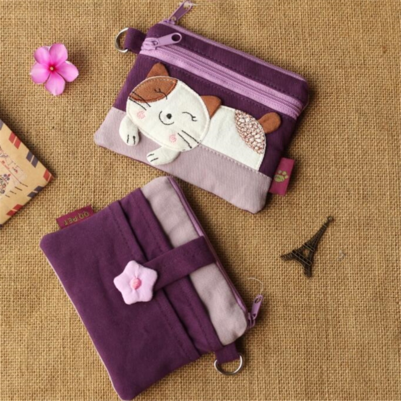 Cute Cat Coin Purse Key Bag Keychain Two-Compartment Double Zipper Small Handbag Mini Coin Purse for Women Fabric 