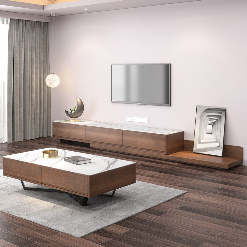 Light luxury slate TV cabinet coffee table combination Simple modern telescopic TV cabinet Walnut color small apartment floor cabinet
