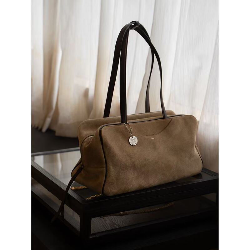 Sixi Handmade·【October Afterglow】Suede Cowhide Commuting Simple Bowling Bag Handbag Shoulder Bag Fh29 Sixi Handmade·【October Afterglow】Suede Cowhide Commuting Simple Bowling Bag Handbag Shoulder Bag Fh29