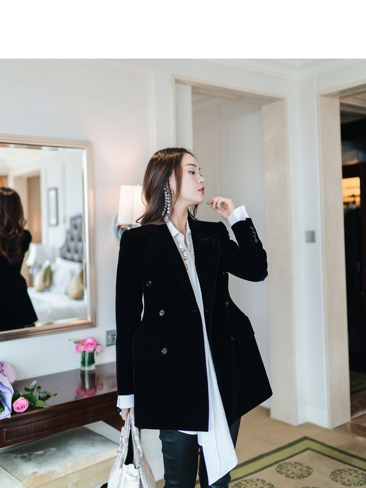 Chino 2018 mùa thu mới áo nhung nhung đen đôi ngực phù hợp với cổ áo tay áo dài nhỏ áo kiểu nữ đẹp 2021