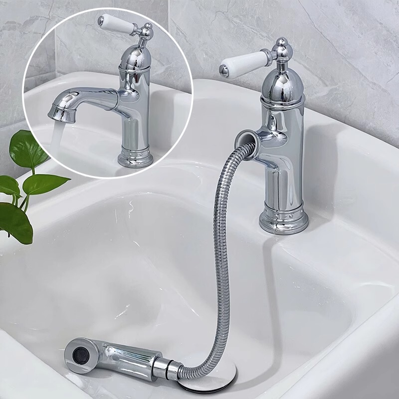 Victoria Retro Single-Hole Basin Pull-Out Faucet Bathroom All-Copper Single-Handle Wash Basin Hot and Cold Faucet