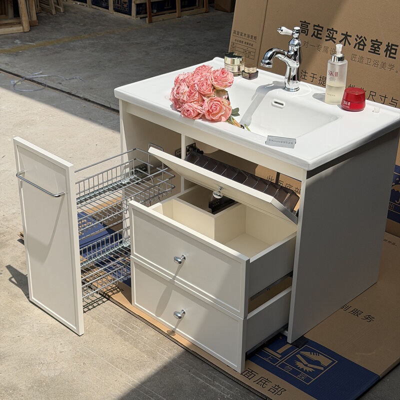 Metal Pull-Out Basket Bathroom Cabinet Combination with Hair Dryer Socket, Ceramic Integrated Basin, Bathroom Sink, Washbasin