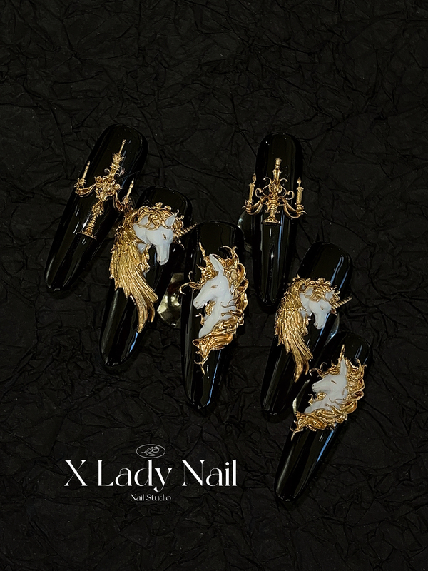 【X Lady Nail】New Year Nail Art Candle Holder Golden Unicorn Nail Art Finished Material Pack Year of the Horse Nail Art 【X Lady Nail】New Year Nail Art Candle Holder Golden Unicorn Nail Art Finished Material Pack Year of the Horse Nail Art