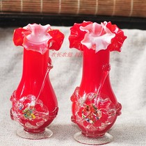 70s old material vase red flower arrangement glass glass vase old objects retro ornaments