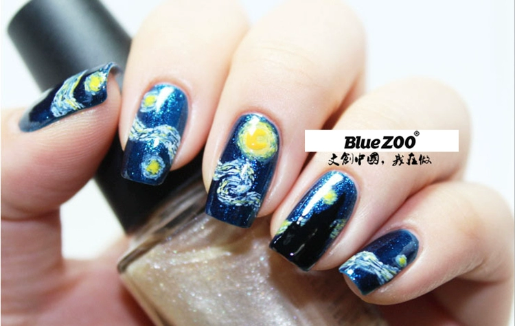 QJ Van Goghs Starry New Nail Ba Lan Trang điểm Full Sticker Hoa 14 Sticker Với Long lanh - Sơn móng tay / Móng tay và móng chân màu sơn chân đẹp