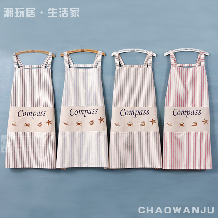 Mediterranean Ocean Style Striped Apron Kitchen Anti-Fouling Sleeveless Cuddling Bag Double Shoulder Apron Fashion Cotton Linen Home Baking