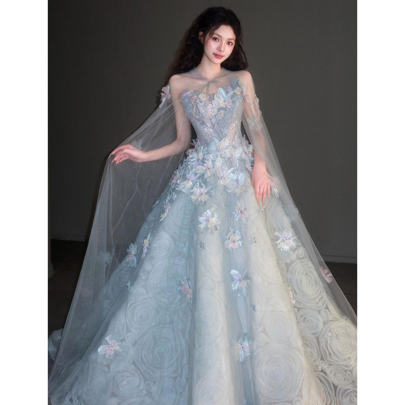 Blue Floral Fairy-Like Evening Dress for Women, Light Luxury Niche High-End Birthday Party Engagement Bride Toast Dress Wedding Dress Blue Floral Fairy-Like Evening Dress for Women, Light Luxury Niche High-End Birthday Party Engagement Bride Toast Dress Wedding Dress