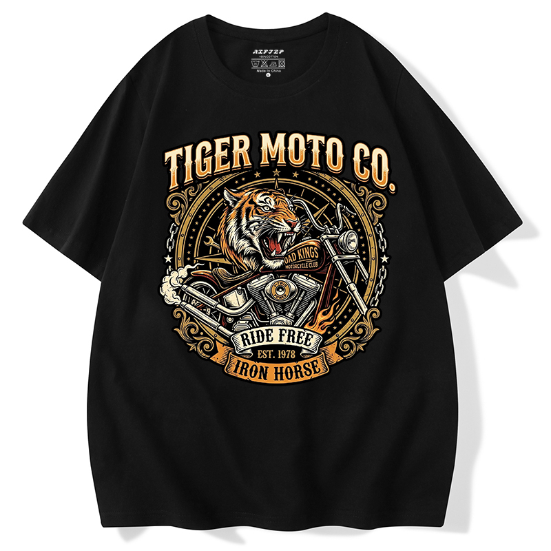 American Retro Trendy Brand Tiger Head Motorcycle Short-Sleeved Large Size Pure Cotton Street Rock Racing Engine T-Shirt for Men American Retro Trendy Brand Tiger Head Motorcycle Short-Sleeved Large Size Pure Cotton Street Rock Racing Engine T-Shirt for Men