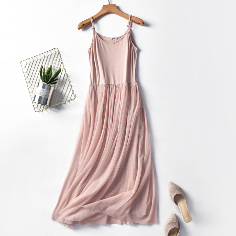 Summer Korean-Style Modal Double-Layer Mesh Dress, Plus-Size Loose-Fitting Spaghetti Strap Slip Dress, Long Fairy-Style Puffy Dress