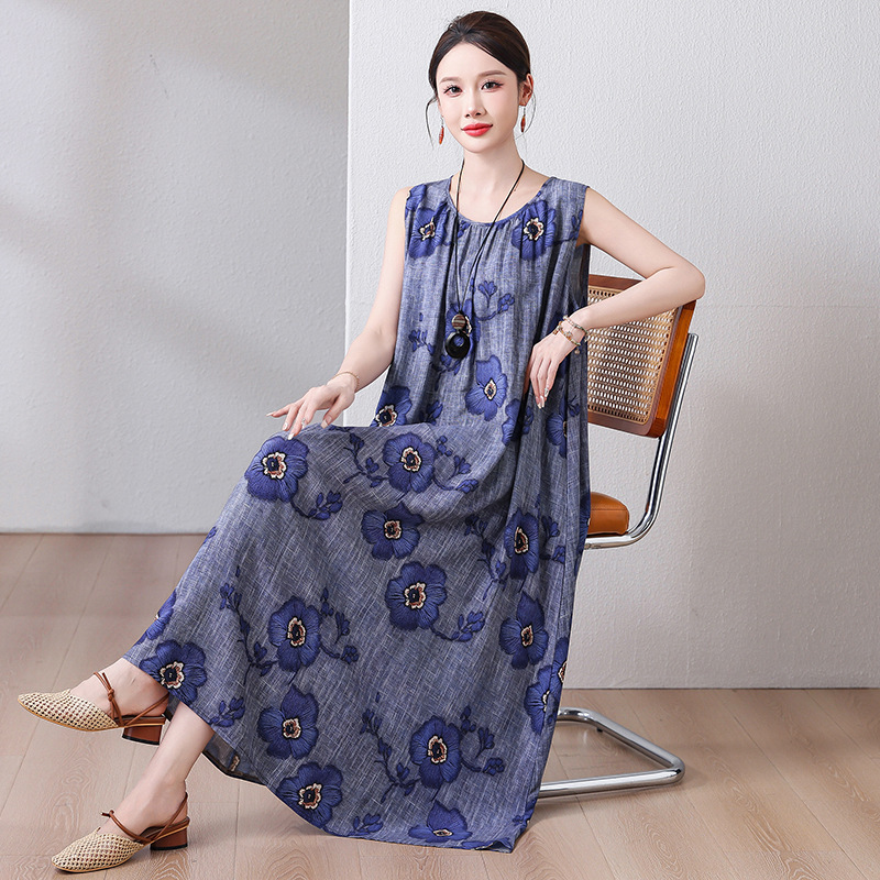 2025 New Summer Cotton Silk Dress, Fashionable Tank Dress, Mid-Length Over-The-Knee Strap Dress, Loose Plus-Size Long Dress