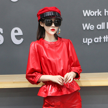 Leather leather clothing women autumn and winter New sheep leather round neck Half sleeve coat fashion waist loose short coat