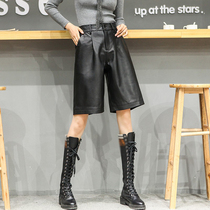 Casual wide leg pants womens autumn and winter new leather five-point pants slim straight leather pants sheep leather loose size Middle pants