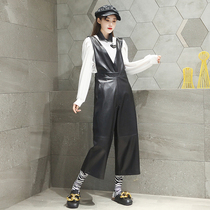 Bao Na Qianqi new strap pants womens sheep leather one-piece wide leg pants foreign-aged loose hanging straight pants