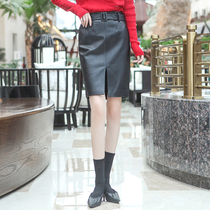 2021 autumn and winter new leather leather skirt womens thin A-line skirt sheepskin fashion split hip one-step skirt