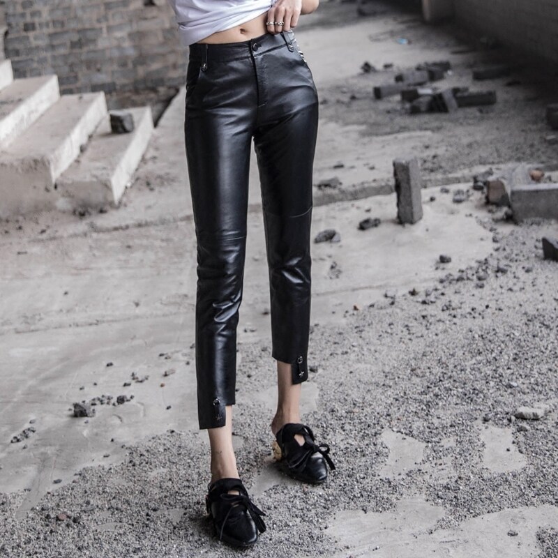 2021 autumn and winter new leather leather pants women show thin feet asymmetrical star nine-point pants sheepskin pencil pants tide